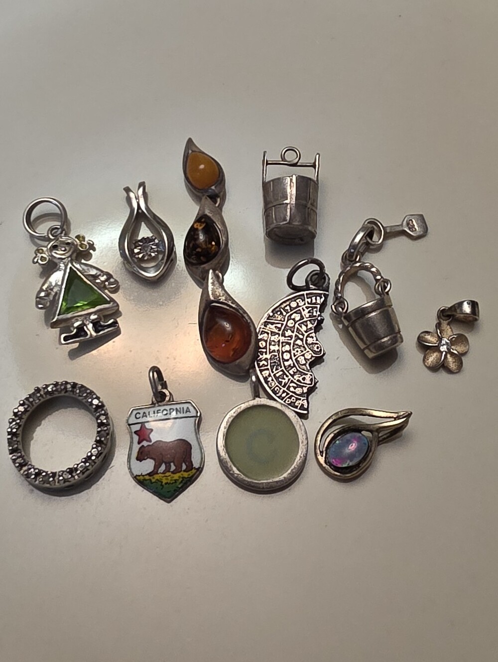 Sterling Silver Mixed Charm Pendant Set in Green, Amber and Multistones